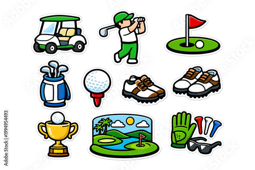 Colorful golf icons set featuring equipment, player, and trophy illustrations.