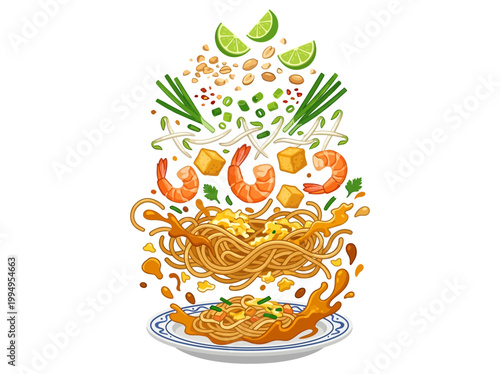 Creative illustration of Pad Thai noodles with shrimp, tofu, peanuts, and lime exploding from a plate, showcasing Asian cuisine