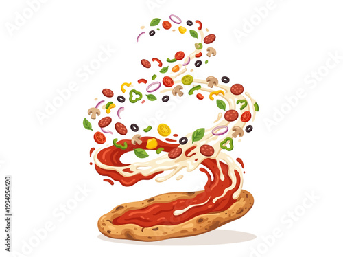 Delicious pizza with fresh ingredients flying in a swirling motion above the crust, highlighting its appetizing nature