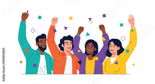 Diverse group of people celebrating with confetti and raised hands