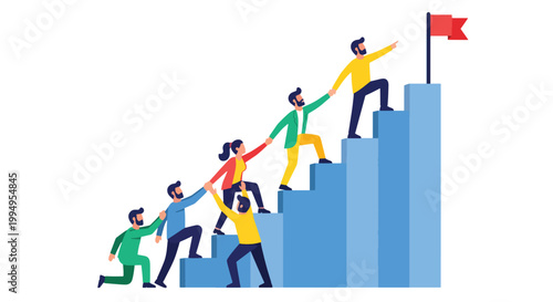 Team of diverse people climbing stairs with leader reaching for flag symbolizing success