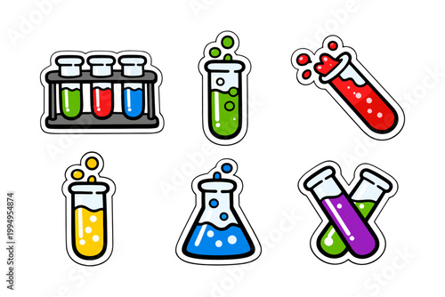 Colorful chemistry lab equipment stickers: beakers, test tubes, flasks.