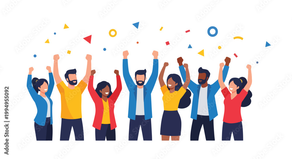 Fototapeta premium Celebrating diverse group of people with confetti and raised hands