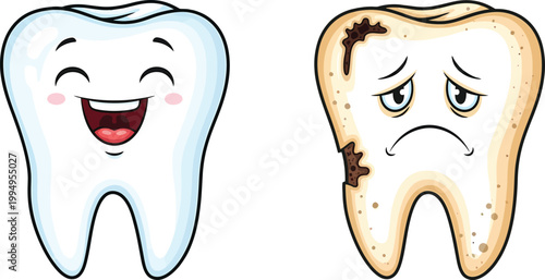 A cartoon comparison of a healthy, happy white tooth next to a decayed, sad yellow tooth with cavities.