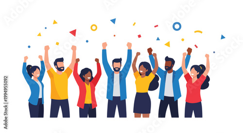 Celebrating diverse group of people with confetti and raised hands