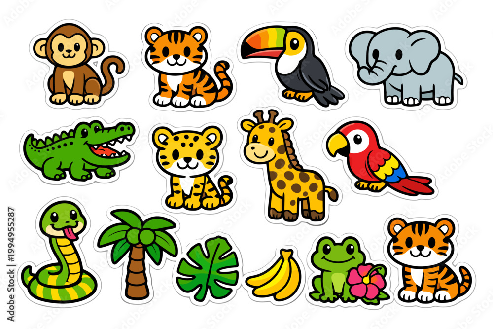 Fototapeta premium Colorful cartoon jungle animals stickers collection with monkey, tiger, elephant, toucan, and more.