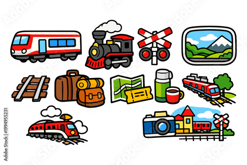 Colorful train travel illustrations featuring luggage, tracks, and scenic views.