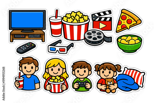 Cartoon family movie night with popcorn and snacks.