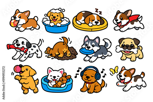 Adorable cartoon puppies in playful activities collection.
