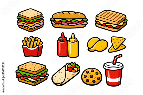 Delicious fast food doodles: sandwiches, fries, drinks, and more.