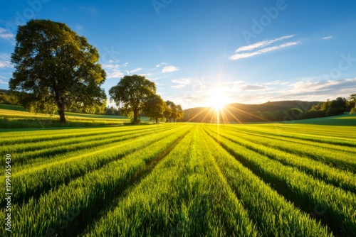 Serene Golden Hour in Agricultural Field with Long Shadows and Calm Sky