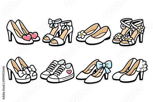 Assorted cartoon shoes with bows and flower details.