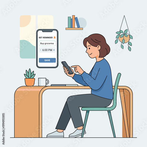 Woman Setting Reminder Young Woman In Garden At Desk