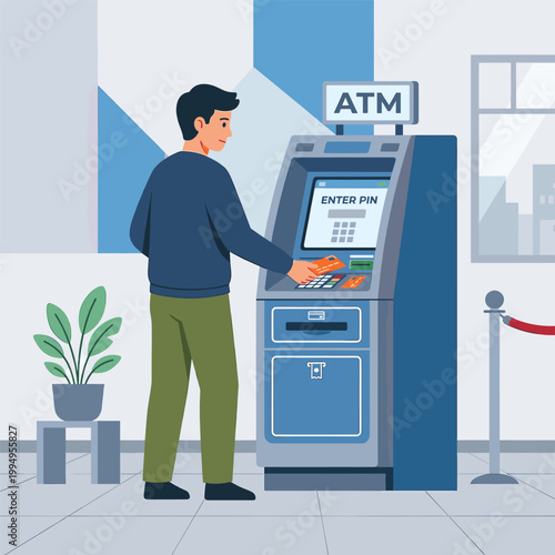 Man Using Atm Young Man In Garden