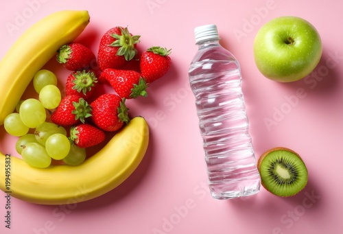 Fresh Fruits and Water for a Healthy Lifestyle on a Pink Background