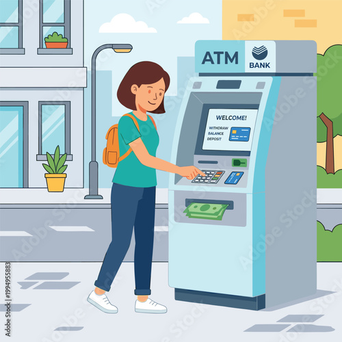 Woman Using Atm Young Woman With Keyboard