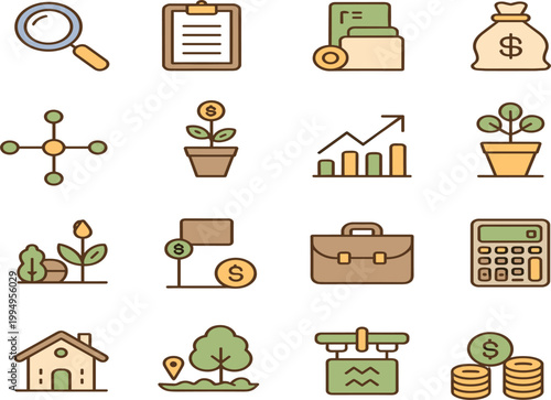 Business and financial growth icon set, money bag, investment graph and house real estate vector