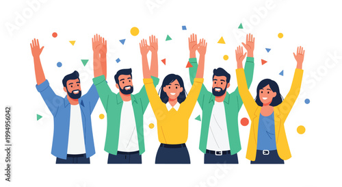 Group of diverse people celebrating with raised hands and confetti