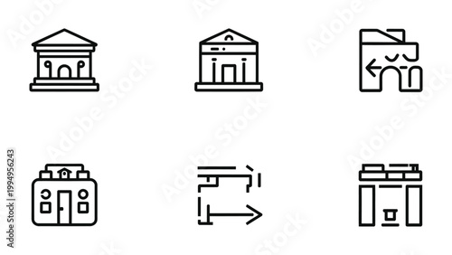 Architectural Icons: A set of minimalistic line art icons representing diverse architectural structures, ideal for design projects related to construction, urban planning, or historical references.