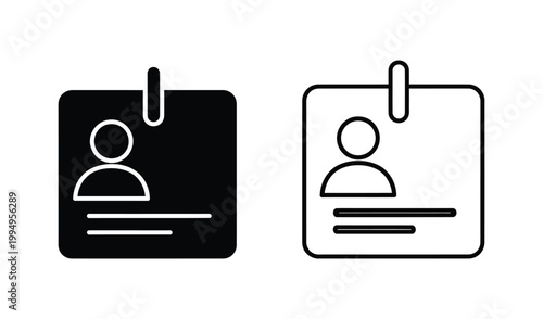 Minimalist black and white icons of identification badges with a person silhouette, clipped to a surface, symbolizing access and security.