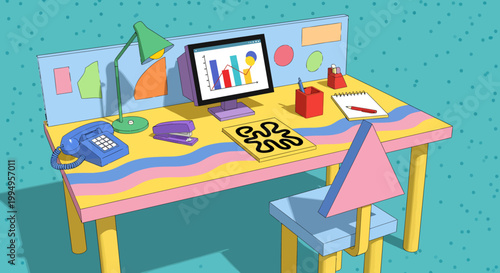 Colorful home office workspace with computer and supplies