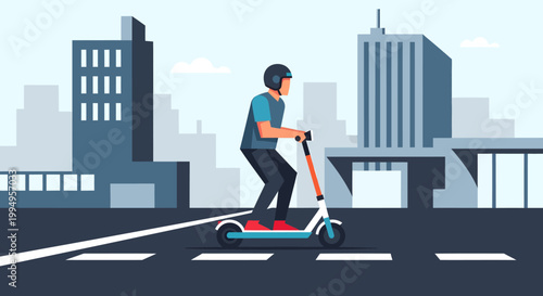 Man riding electric scooter on city road