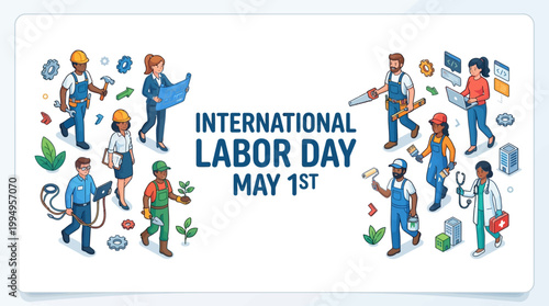 International Labor Day May 1st Vector Illustration on a Banner with Diverse Workers