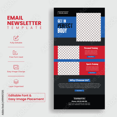 Modern gym fitness UI UX responsive design system for email newsletter templates landing pages mobile app screens vertical banners bodybuilding marketing and wellness website headers layout