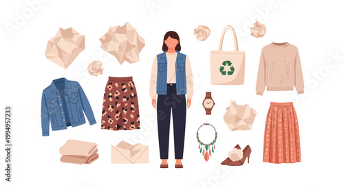 woman surrounded by eco friendly shopping concept