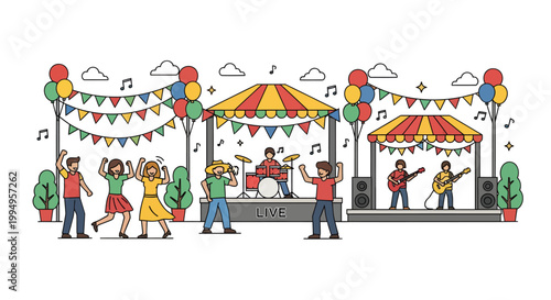Vibrant music festival outdoor stage with colorful decorations and joyful people dancing
