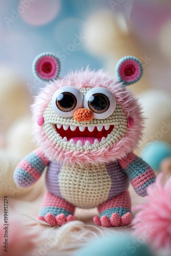 Funny Pink Crochet Monster Toy with Furry Face and Big Eyes Smiling with Background