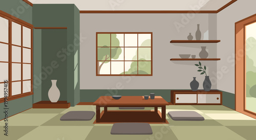 traditional japanese room interior with tatami mats and shoji screens