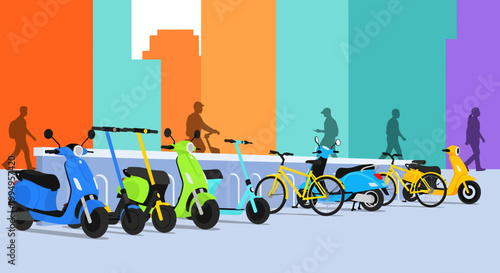 colorful city street with people riding bicycles and scooters