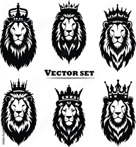 Royal lion head silhouette set with decorative golden crowns

