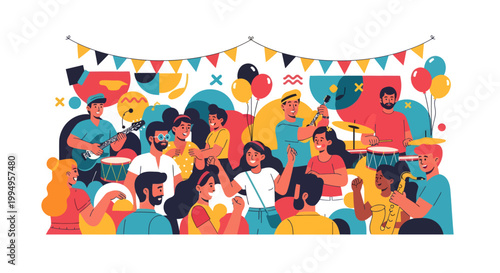 Vibrant illustration of people celebrating party with colorful bunting