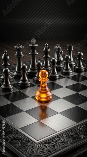 An amber pawn stands alone on a chess board surrounded by black pieces high detail