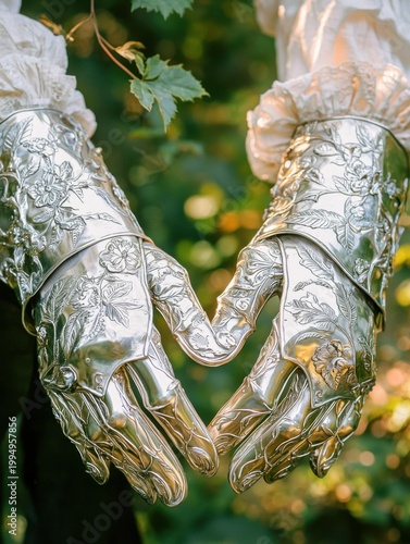 Ornate silver gauntlets with detailed floral engravings forming a heart gesture. Representing a blend of historical armor. Fantastical elegance. And emotional connection in a lush natural environment