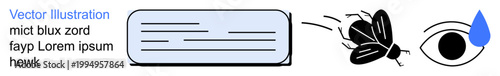 Communication, text design, emotion, insects, symbolism, visual storytelling. A bug near text and a teardrop beside an eye. Communication and emotional concept visually
