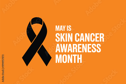 Skin Cancer Awareness Month Poster with Black Ribbon Icon on Vibrant Orange Background