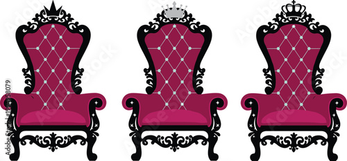 Vector illustration of ornate royal thrones with magenta cushions, scrollwork frames, and crown designs