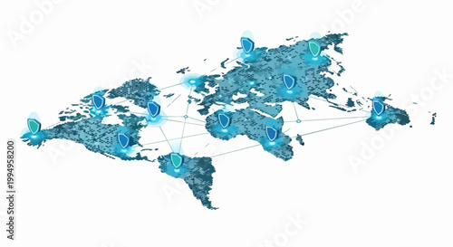 Isometric Global Cybersecurity Network Concept with World Map and Shield Icons for Data Protection and Digital Safety