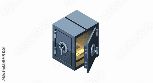 Isometric 3D Illustration of an Open Metal Safe with a Glowing USB Drive, Representing Digital Data Security, Cyber Protection, and Cryptocurrency Hardware Wallet Storage