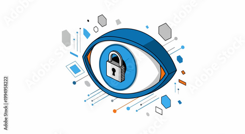 Isometric Cyber Security and Data Privacy Illustration Featuring Human Eye with Padlock Icon