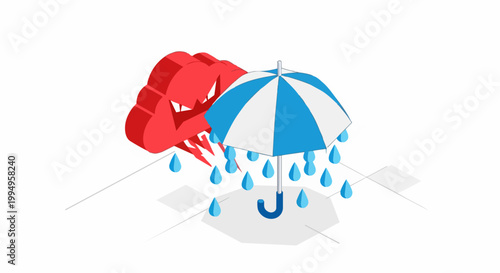 Isometric Cybersecurity and Risk Management Concept: Protective Umbrella Defending Against a Malicious Red Cloud and Digital Threats