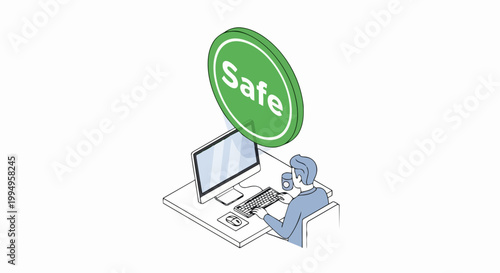Isometric Illustration of Man at Computer with Green Safe Shield Symbol representing Cybersecurity, Data Protection, Online Safety, and Verified Trustworthy Website