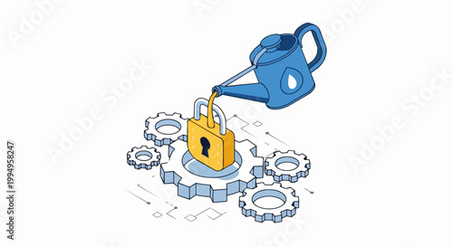 Isometric Cybersecurity Maintenance Concept: Watering Can Pouring Oil on Padlock and Gears for Data Security Optimization and Smooth Workflow
