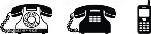 Vector illustration of telephone silhouettes showing rotary dial, push‑button landline, and mobile phone with antenna