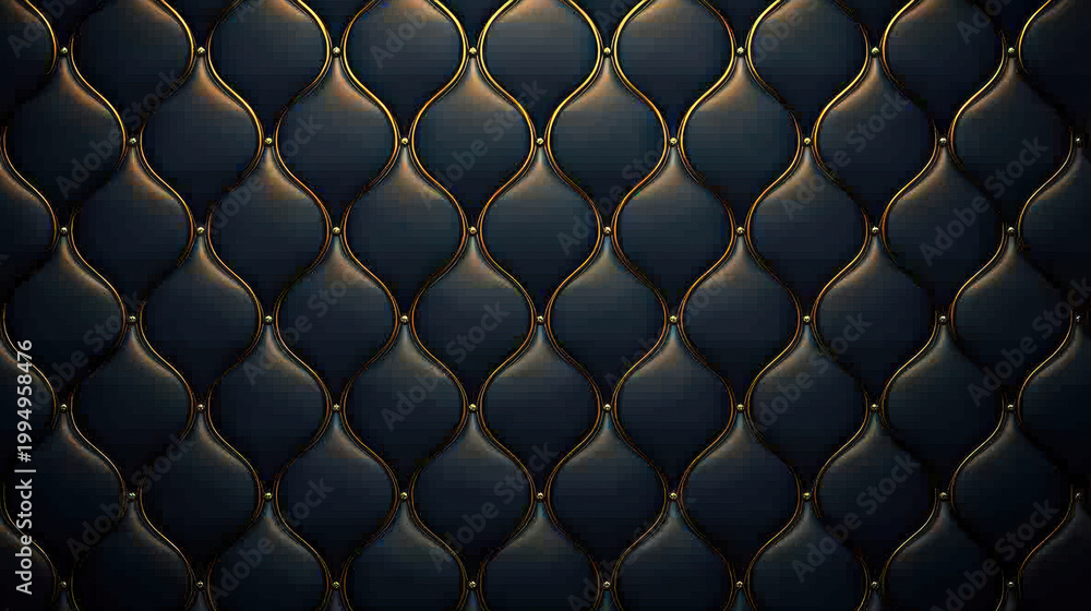 Fototapeta premium A luxurious dark blue quilted leather pattern with gold accents creates a sophisticated and elegant backdrop, perfect for upscale design projects and more!