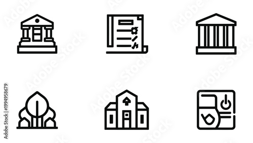 Cuadro en lienzo Iconic Landmarks and Government Symbols: A concise collection of line art icons depicting various government buildings and significant structures