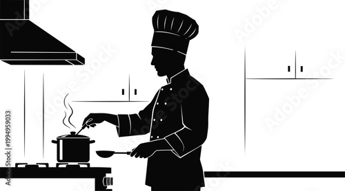 Professional chef cooking in kitchen silhouette, culinary concept, food preparation, restaurant work, cooking process, gastronomy lifestyle, kitchen interior illustration isolated on white background